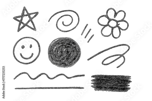 Black charcoal pencil scribble collection. Hand drawn childish doodles with curved and straight lines. Sketchy grunge shapes, star, flower, and smiley face. Vector illustration set.