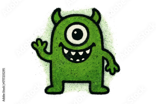 Graffiti spray monster for Halloween. Cute one-eyed character with spray paint texture. Childish street art vector for banner and decoration. Funny alien cyclops mascot.