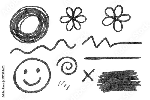 Set of hand drawn charcoal pencil scribbles. Childish drawing doodles, sketchy lines, flower, and smiley face. Grungy, rough crayon stroke and smear texture elements.
