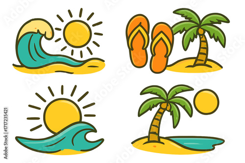 Summer beach icon set. Tropical vacation graphic elements collection. Cartoon vector illustration of palm tree, ocean wave, sun, and flip-flops for sticker or logo design.