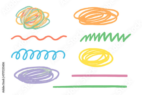 Set of colorful hand drawn pencil scribbles and crayon lines. Abstract chalk strokes and rough highlighter shapes. Concept of chaos vs order, tangled thoughts, creativity, kids drawing.