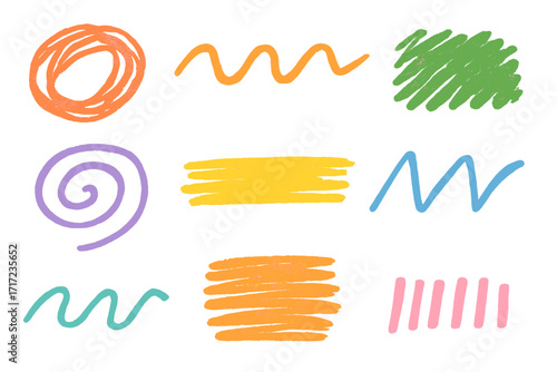 Colorful hand drawn doodle set. Vector collection of crayon and pencil scribbles, chalk strokes and rough highlighter marks. Abstract childish texture shapes, lines and dividers.