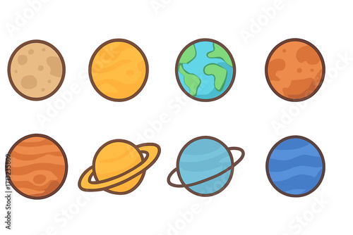 Solar system planets icon collection. Flat cartoon vector illustration. Astronomy and space science graphics. Earth, Mars, Jupiter, Saturn, Uranus, Neptune icons for education.