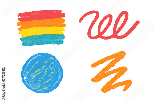 Set of colorful hand drawn doodles. Crayon, pastel or charcoal pencil texture. Abstract vector shapes, lines, scribbles. Rainbow stripes, circle, squiggle, zigzag design elements.