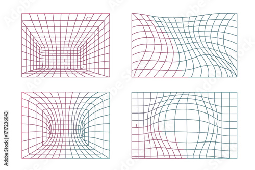 Retro futuristic wireframe grid set. Abstract geometric backgrounds with 3D perspective and distortion. Vector elements in neon vaporwave, synthwave, and Y2K aesthetic.