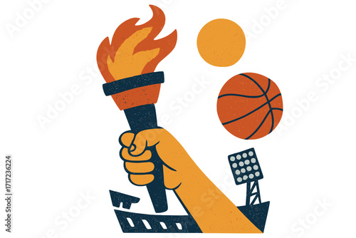 Sports game concept with a burning torch in hand. Halftone collage with basketball and stadium lights. Trendy retro mixed media style for a championship or competition.