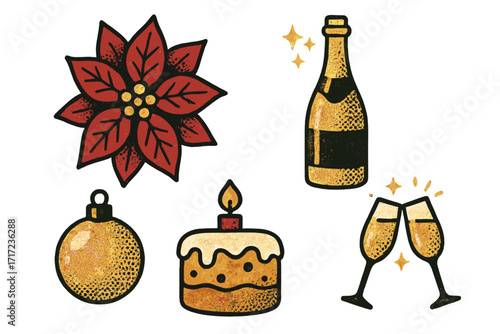 Christmas and New Year vector icon set with retro halftone glitter effect. Poinsettia, champagne bottle, bauble, cake, and wine glasses for festive holiday celebration design.