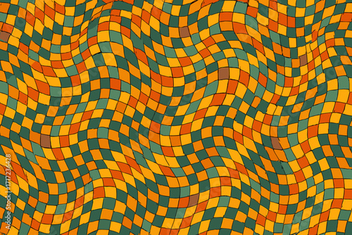 Retro background with optical illusion, altered reality. Checkered psychedelic vintage pattern. Wavy groovy 60s, 70s style seamless repeat for wrapping paper, fabric, textile.