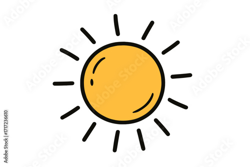 Bright yellow sun icon with bold rays, cheerful summer weather symbol, playful doodle illustration, cartoon style vector on transparent background, sunlight, heat, daylight, positive energy