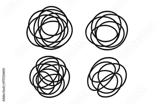 Tangled scribble set. Chaotic hand-drawn scrawl symbols. Messy linear style vector illustration. Abstract sketch lines isolated on transparent background. Doodle swirl elements for design concepts.