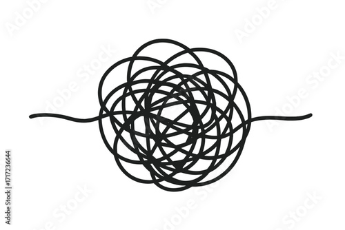 Abstract tangled scribble chaotic line art. Messy scrawl icon. Concept confusion disorder. Black vector minimalist doodle. Unravel complexity metaphor. Wire ball. Hand drawn sketch isolated.