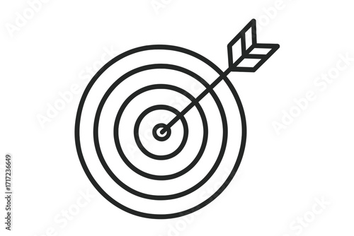 Bullseye target with arrow hitting center. Archery goal achievement symbol. Linear vector illustration. Accurate aim concept. Success, strategy, precision, objective, focus, winning, sports, business.