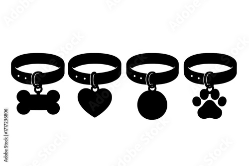 Black dog collar silhouette set with bone, heart, circle, and paw tag shapes. Vector cartoon illustration isolated on transparent background. Pet ID tag accessory collection, ordered design elements.