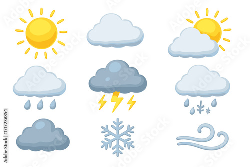 Realistic Weather Icon Vector Set. Cartoon Style Forecast Symbols. Sun, Clouds, Rain, Snow, Thunderstorm, Wind. Isolated Transparent Background. Meteorology Concept. Climate Graphic Resources.