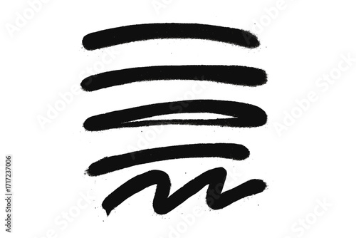 Black spray paint graffiti elements set. Grunge street art strokes, lines, and shapes. Aerosol spray texture marks. Urban graphic design resources. Vector underlines and markers.