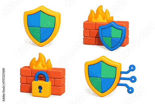 Cybersecurity 3D icon set. Firewall protection symbol with shield and lock. Digital data defense and network privacy concept. Vector cartoon graphic element for web security.