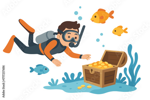 Scuba diver finds treasure chest full of gold coins. Underwater ocean scene with fish and seaweed. Cartoon vector illustration of discovery, adventure, wealth, and exploration.