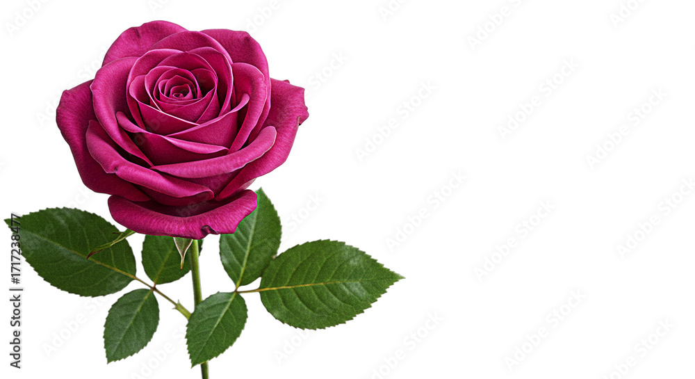 Fototapeta premium Single pink rose with green leaf isolated on transparent background