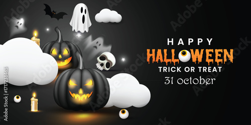 Black color Halloween party celebration social media banner design vector with haunted elements. Spooky poster. Happy Halloween vector background design with moon, pumpkins, ghosts, skulls, and bats. 