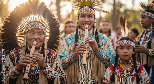 Vibrant cultural celebration showcasing ancestral music, featuring an elder, a man, and a child playing traditional flutes in ceremonial regalia