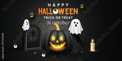 Black color Halloween party celebration social media banner design vector with haunted elements. Spooky poster. Happy Halloween vector background design with moon, pumpkins, ghosts, skulls, and bats. 