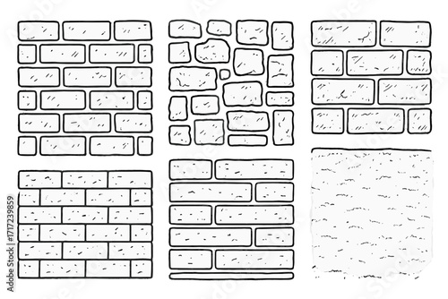 Hand drawn brick patterns and stone wall textures set. Vector cartoon illustration of various brickwork and masonry. Doodle sketch outline collection for background design.