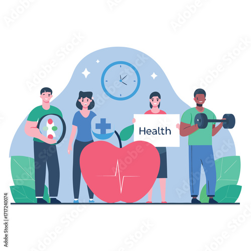 Diverse group champions healthy lifestyle with fitness, nutrition, and wellness symbols promoting active living and well-being for all