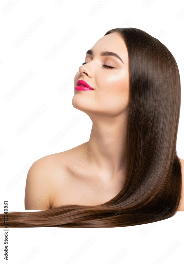 Fototapeta premium Young caucasian woman, long dark brown hair fanned on transparent glossy surface, eyes closed, soft smile, pink lipstick, transparent studio, serene, luminous, concept of hair wellness and beauty