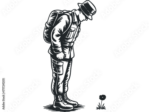 Soldier in uniform with backpack bows to a poppy flower. Vector hand drawn