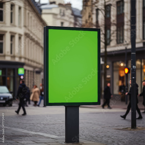 Blank Green Screen Billboard on Urban City Street.