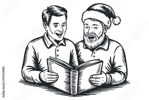 Two men in festive attire joyfully singing from an open book. Vector hand drawn