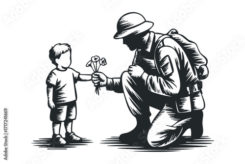 Soldier kneeling and receiving flowers from a child,. Vector hand drawn