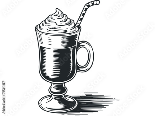 Sketch of whipped cream topped drink with striped straw on. Vector hand drawn
