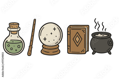 Hand drawn magic objects collection. Witchcraft and wizardry icon set with potion bottle, wand, crystal ball, spell book, cauldron. Vector cartoon for fantasy and alchemy.