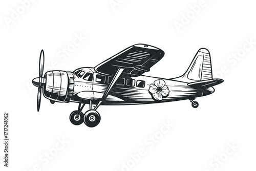 Monochrome biplane with flower emblem on. Vector hand drawn