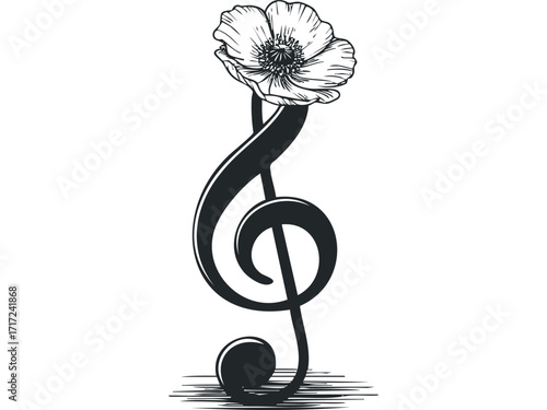 Musical Treble Clef Combined With a Blooming Poppy Flower. Vector hand drawn