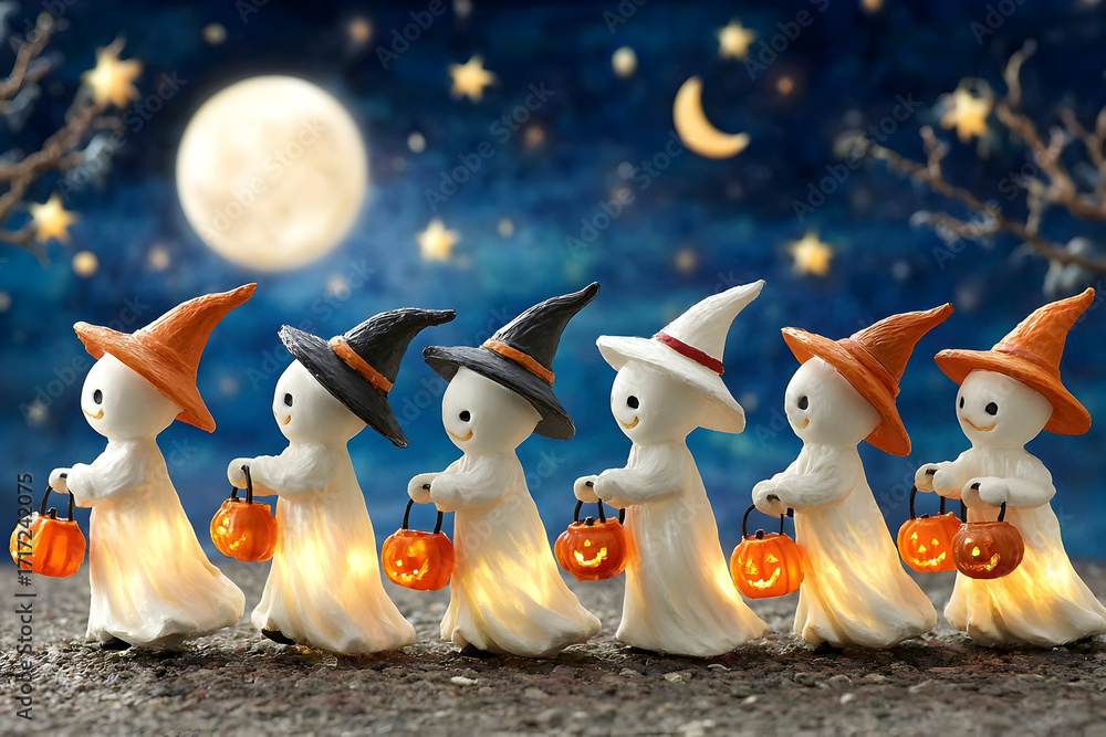 Obraz premium A whimsical group of tiny ghosts dressed in playful witch hats and vampire capes, joyfully celebrating Halloween night