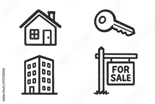 Real estate icon set. Hand drawn vector doodle. House, key, building, for sale sign. Property buying, selling, renting concept. Home ownership, agent, mortgage illustration.