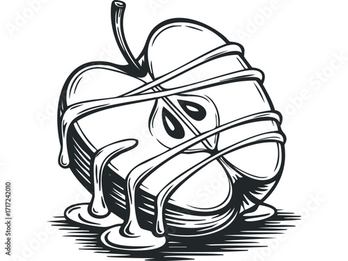 Apple coated in dripping caramel or honey rendered as a black and white sketch. Vector hand drawn