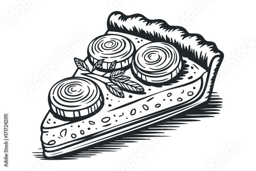 Hand drawn slice of savory pie with onions and herbs on. Vector hand drawn