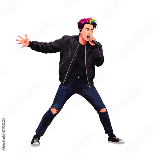 Dynamic Male Singer Performing Live with Colorful Hair.