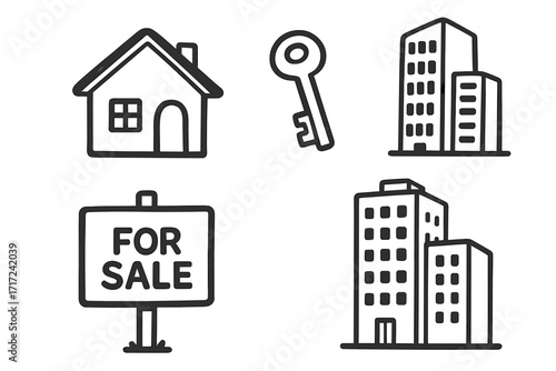 Hand drawn real estate icon set. Vector cartoon illustration of property symbols: house, key, buildings, for sale sign. For mortgage, buying, or selling concepts.