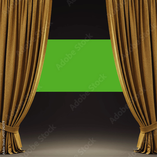 Elegant Golden Curtains Open Green Screen Stage.