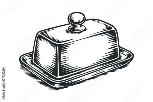 Vintage butter dish with dome lid on plate. Vector hand drawn