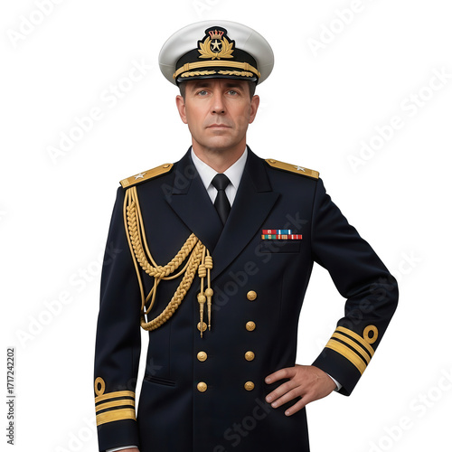 Man in naval officer uniform isolated on transparent background