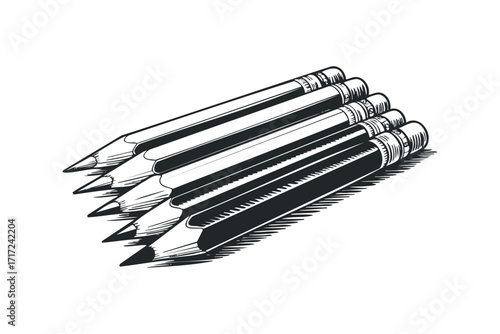 Five sharpened graphite pencils arranged diagonally white canvas. Vector hand drawn