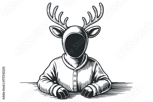 Engraved figure wearing reindeer antlers and a hoodie,. Vector hand drawn