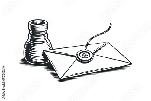 Engraved Envelope with Inkwell on. Vector hand drawn