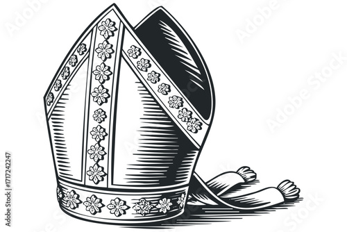 Papal Tiara Ornamented Headwear with Tassels on. Vector hand drawn