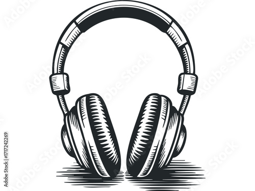 Overhead headphones with detailed band and earcups. Vector hand drawn